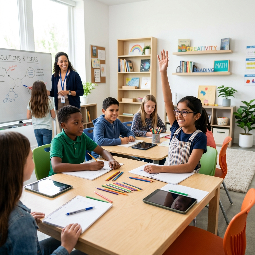 Alunos participando ativamente na sala de aula do Ensino Fundamental